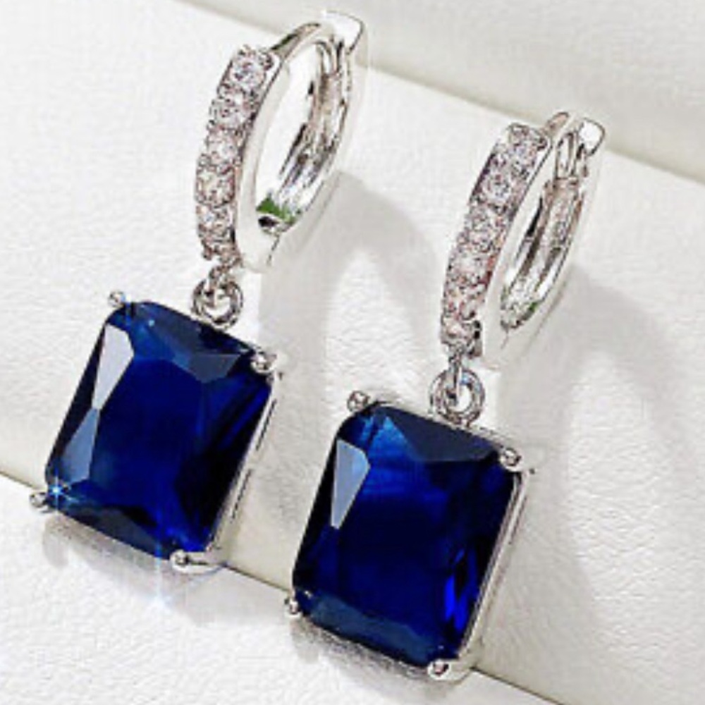 Silver Huggie with Blue Emerald Cut Drop Earrings - New